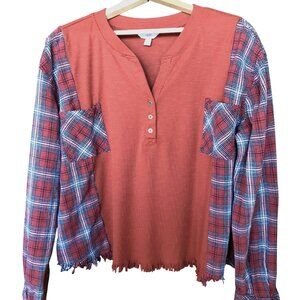 Reworked Flannel Shirt, M-L: Upcycled Oversized Rust Waffle Knit Top, Fringy Hem